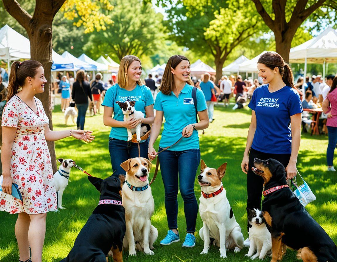 A heartwarming scene of diverse pet owners happily engaging with their pets in a vibrant park setting, showcasing various animals like dogs and cats, some featuring 'spayed' and 'neutered' collars. Include educational posters in the background about spay and neuter programs, with trees and flowers blooming around. The sky is bright and sunny, creating a welcoming atmosphere. colorful and cheerful illustration. vibrant colors.