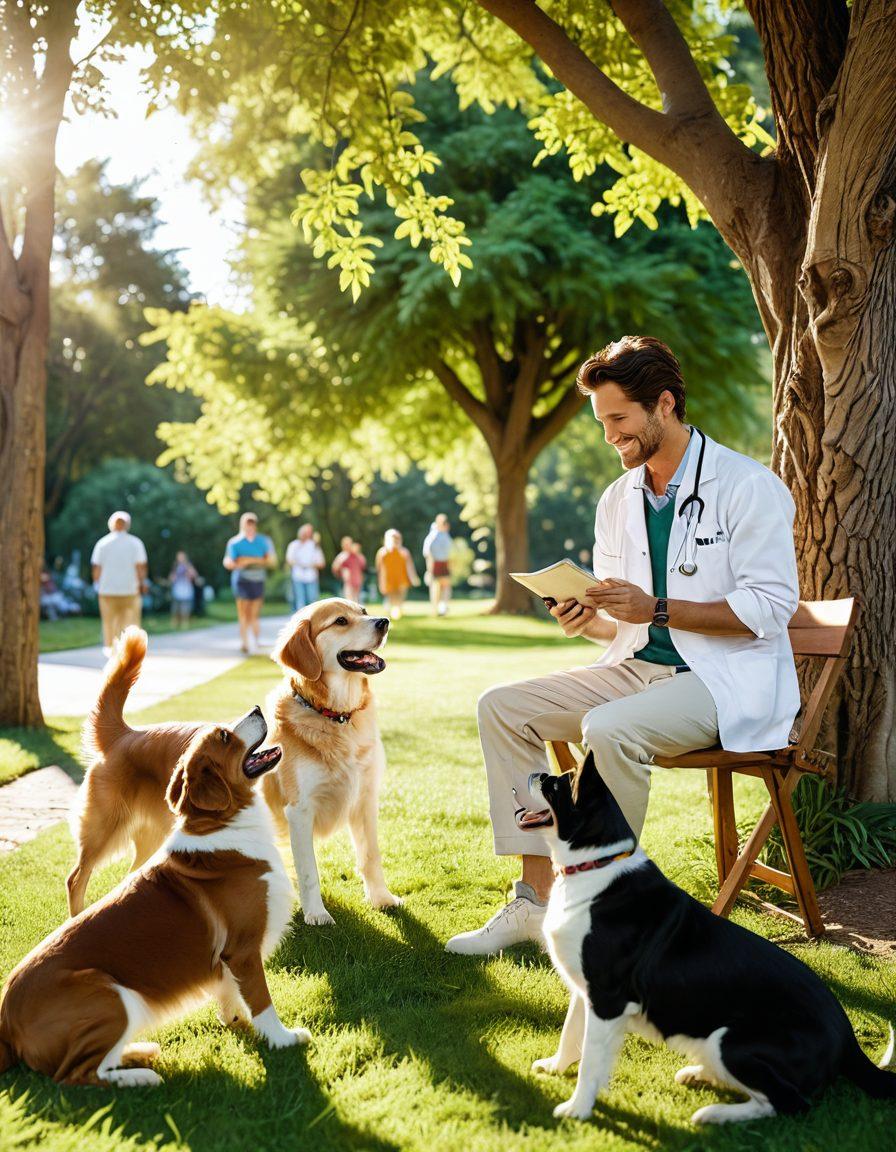 A heartwarming scene of a diverse group of happy pets, including dogs and cats, playing in a green park, symbolizing companionship and responsible pet ownership. Include a veterinarian gently explaining sterilization benefits to a couple with a dog. Soft sunlight overhead creates a warm, inviting atmosphere. Focus on joy and care for the pets. super-realistic. vibrant colors. 3D.
